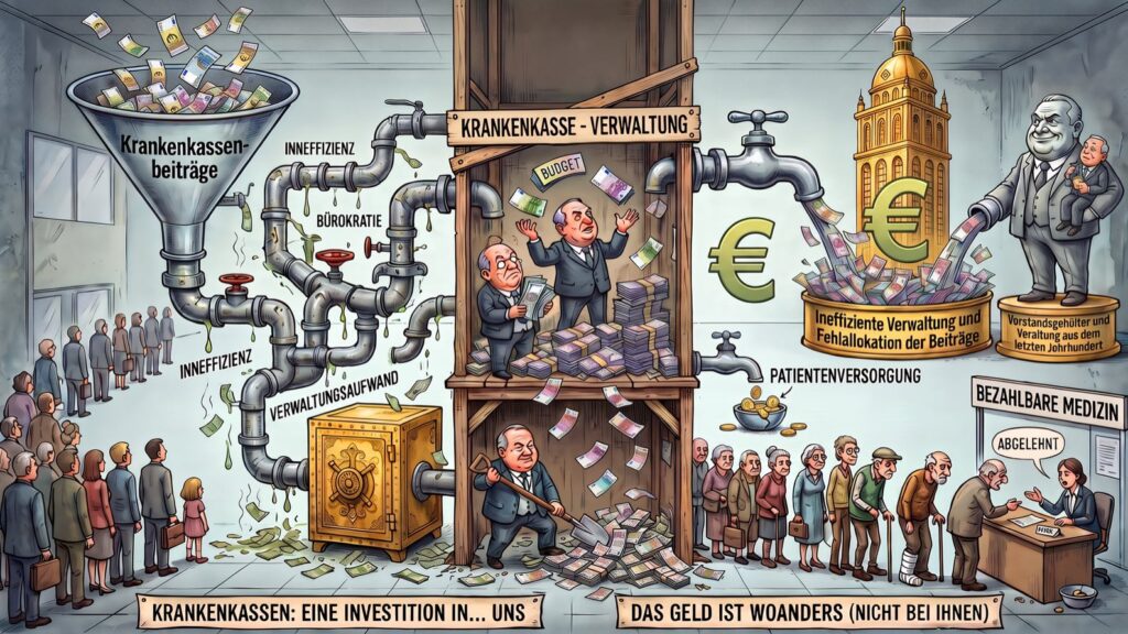 Karikatur zur Mittelverwendung im Gesundheitswesen: Beiträge versickern in der Verwaltung