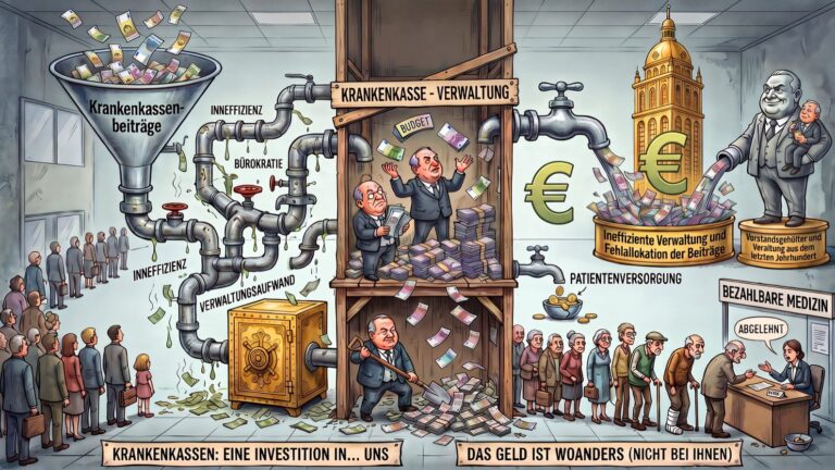 Karikatur zur Mittelverwendung im Gesundheitswesen: Beiträge versickern in der Verwaltung