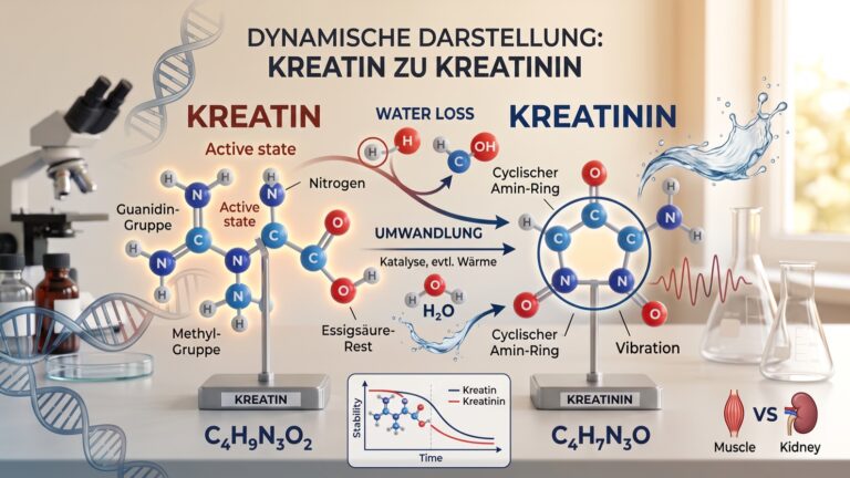 Schematische Darstellung der Umwandlung von Kreatin zu Kreatinin mit Strukturformeln