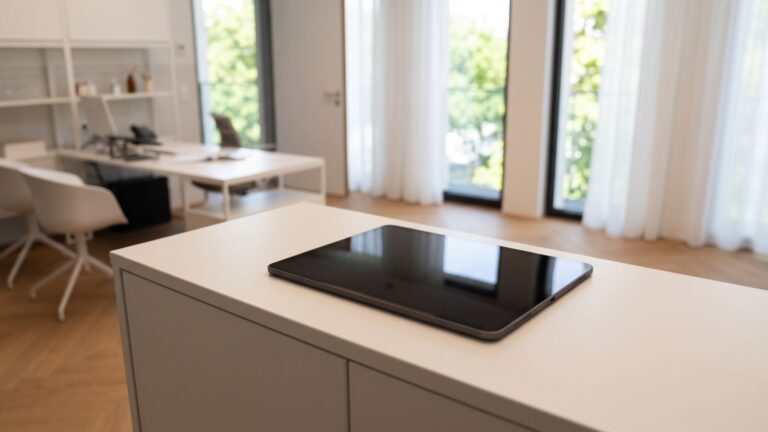 Schlichtes Tablet mit ausgeschaltetem Display auf einer weißen Ablage im Sprechzimmer