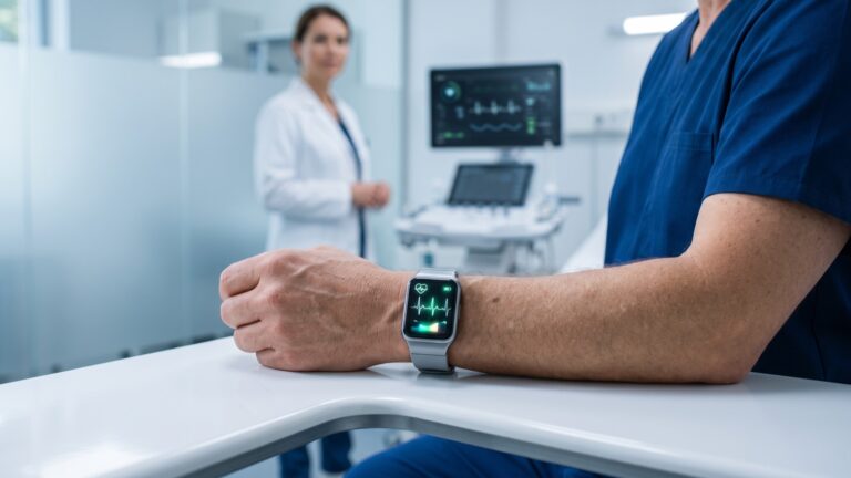 Patient mit Smartwatch am Handgelenk im Untersuchungsraum, im Hintergrund ein EKG-Monitor